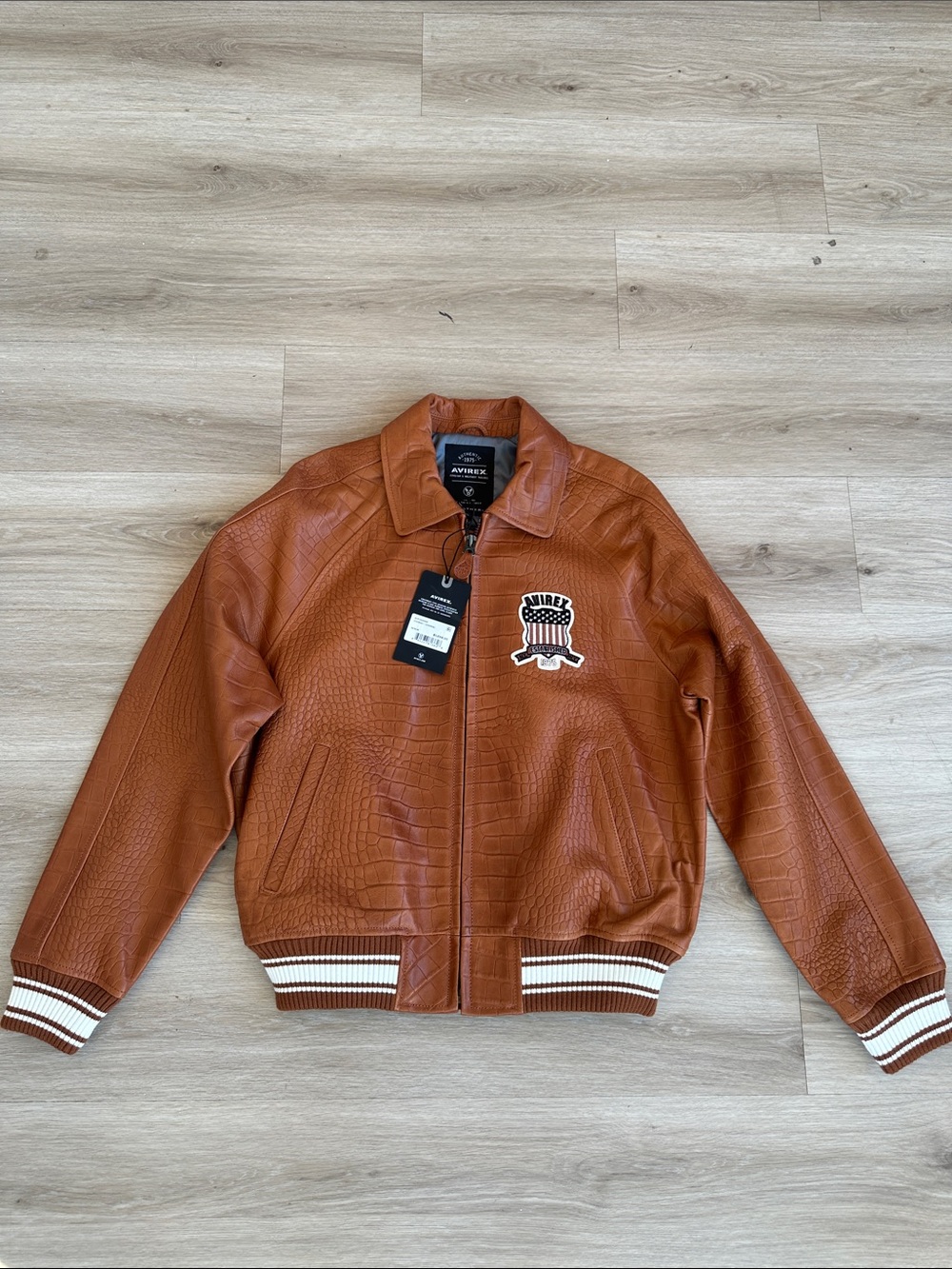Avirex Croc-Embossed Tan/Brown Bomber Jacket with Crest Patch - Picture 3 of 10